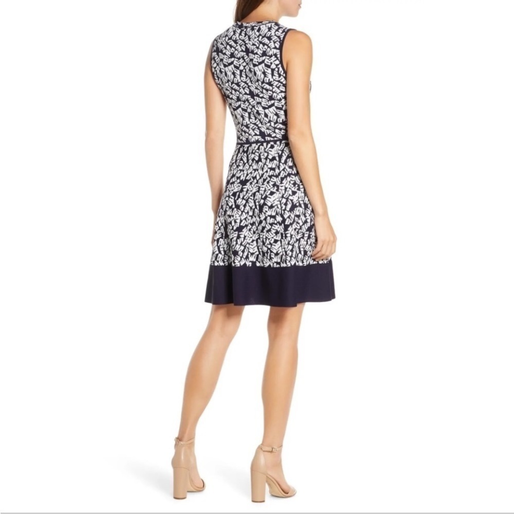 Eliza J Fit & Flare Sleeveless Sweater Dress Geometric Navy Size Large EUC - Picture 2 of 12